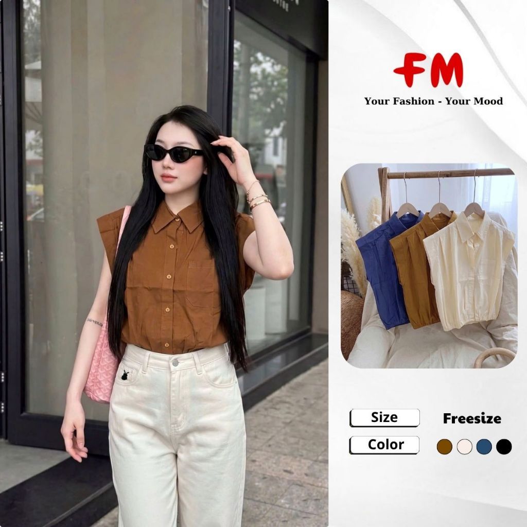 FMSTYLE Áo Sơ Mi Nữ Kiểu Sát Nách cổ bẻ 1 túi 4 Màu Freesize 26090973