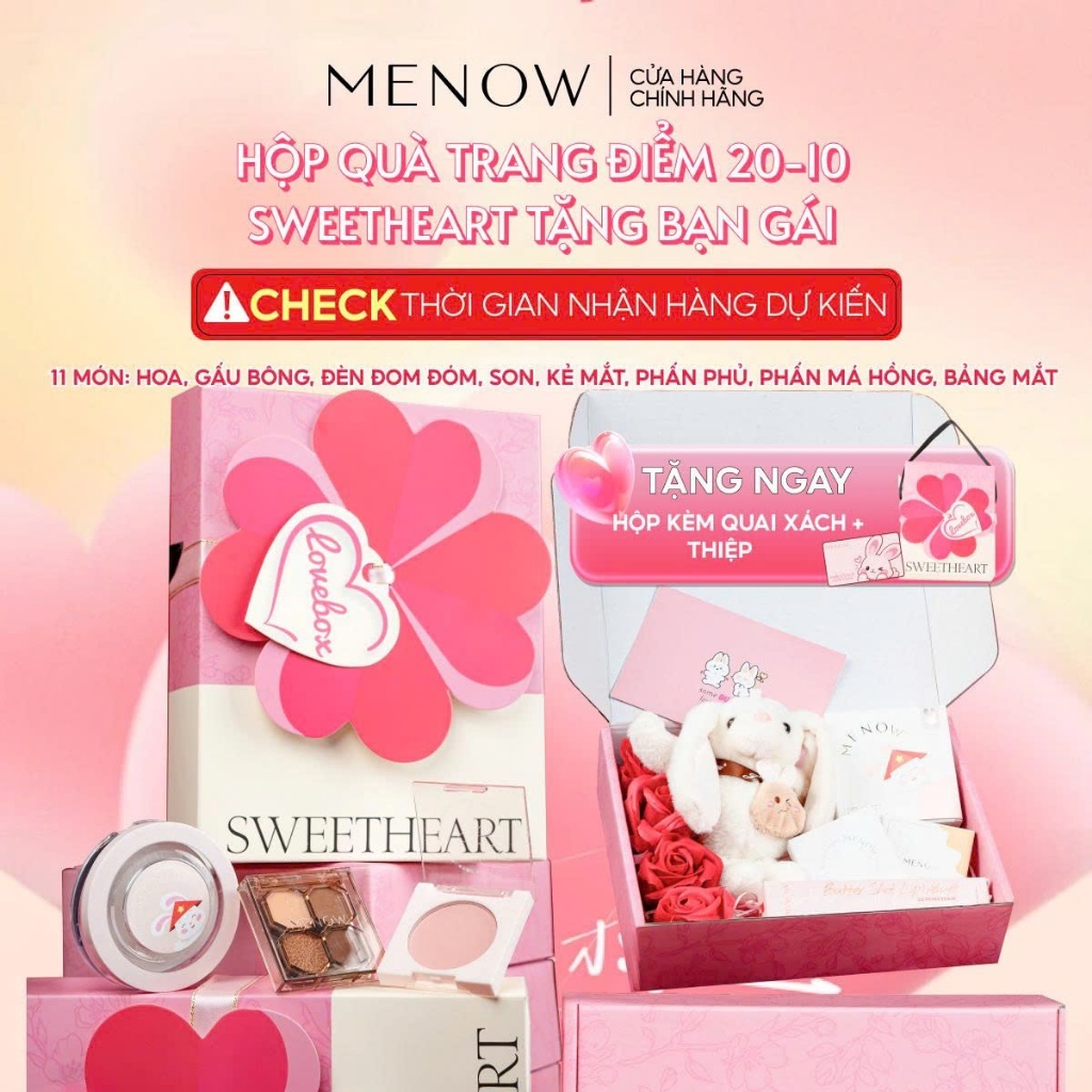 Hộp quà tặng 20/10 trang điểm sẵn dây xách kèm gấu bông, hoa sáp và đèn MENOW SWEETHEART