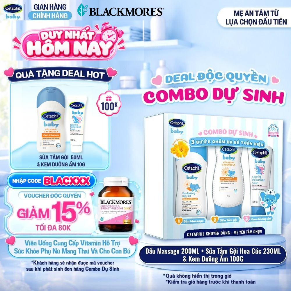 [Combo dự sinh] Hộp quà 3 bước chăm sóc da bé toàn diện Dầu Massage 200ML + Sữa tắm gội 230ML + Kem dưỡng ẩm 100G