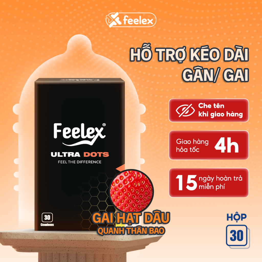 Hộp 30 chiếc bao cao su gân gai siêu mỏng FEELEX Ultra Dots nhiều gel bôi trơn tạo cảm giác mới lạ