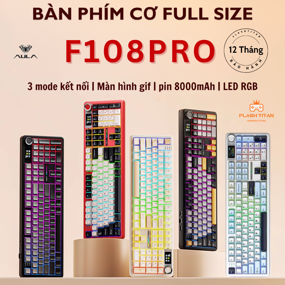 Bàn Phím Cơ Không Dây AULA F108 PRO Fullsize, 3 Mode Kết Nối, Màn hình LCD Chỉnh Ảnh Gif, Pin 8000mAh Dùng Cho PC,Laptop