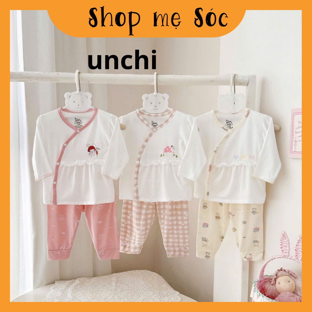 Bộ quần áo dài tay dáng BABYDOL NỀN TRẮNG CẠP CAO phối ren chất liệu pettit UNCHI cho bé 0-9 tháng mesocshop