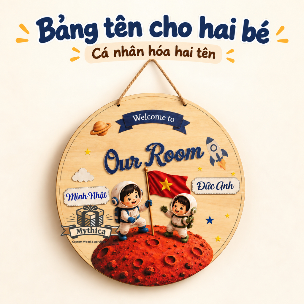 Bảng Tên Phòng Cho 2 Bé Gỗ Cá Nhân Hóa 22-30cm In UV Hai Tên — ảnh listing minh họa