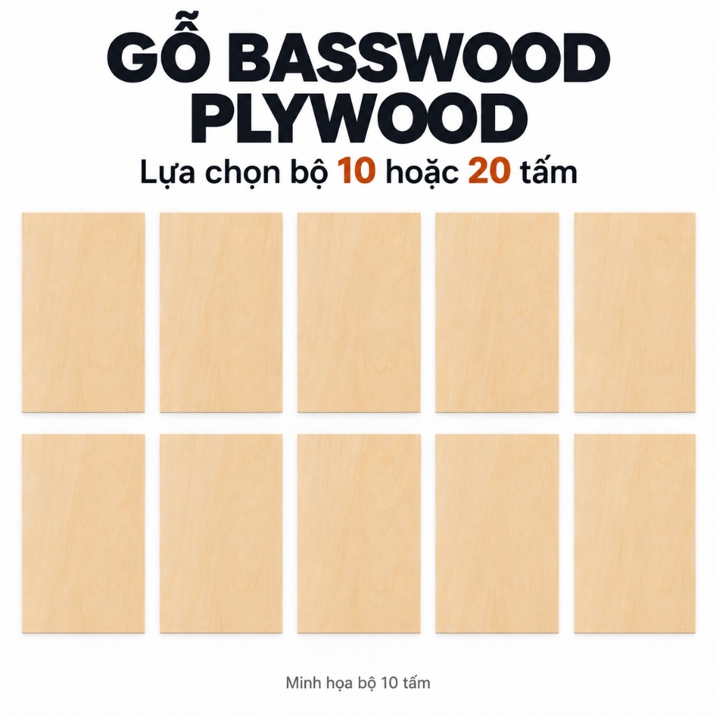Gỗ Basswood Plywood 2mm Tấm 20x30 30x30 45x45cm Bộ 10-20 Tấm — ảnh listing minh họa