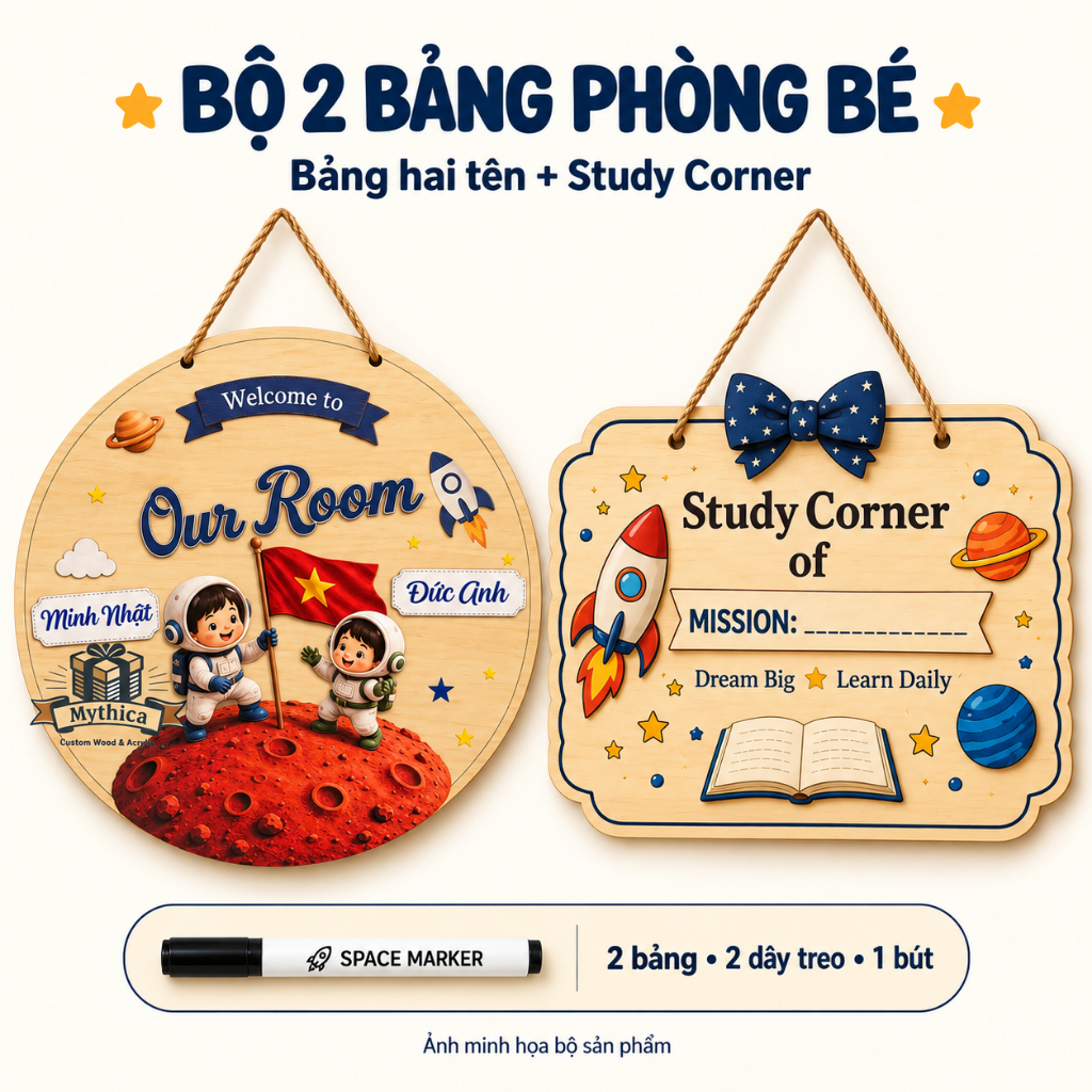 Bộ 2 Bảng Gỗ Phòng Bé: Bảng Tên 2 Bé + Study Corner Kèm Bút — ảnh listing minh họa
