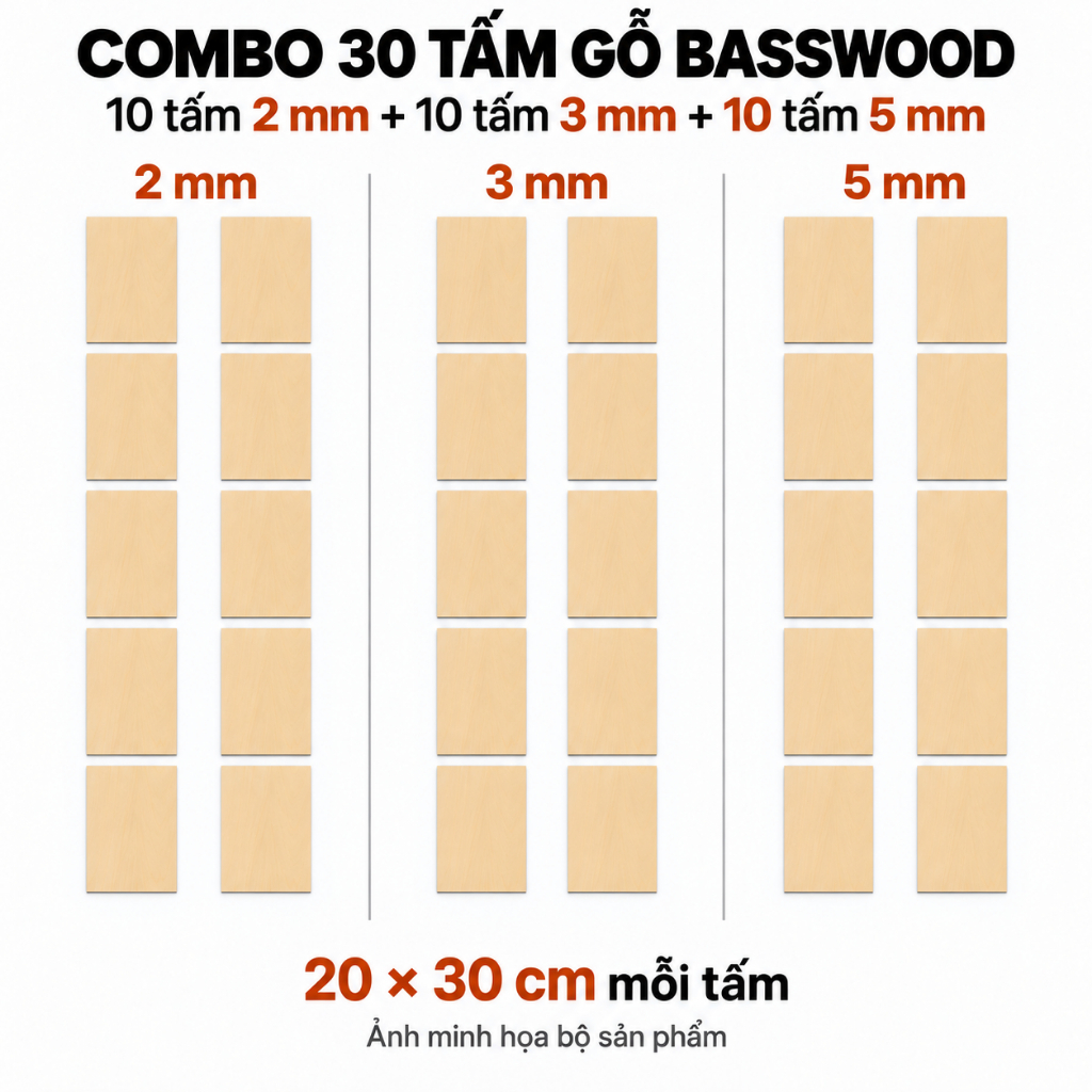 Combo 30 Tấm Gỗ Basswood Plywood 20x30cm 2mm 3mm 5mm Mỗi Loại 10 Tấm — ảnh listing minh họa