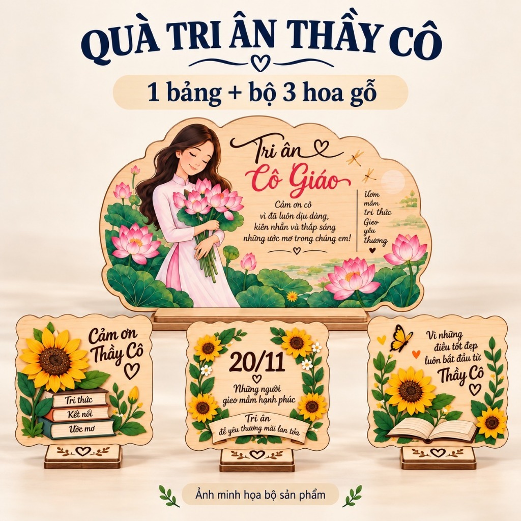 Combo Quà 20/11 Bảng Gỗ Tri Ân Cô Thầy Kèm Chân Đế + Bộ 3 Hoa Gỗ Lời Chúc — ảnh listing minh họa