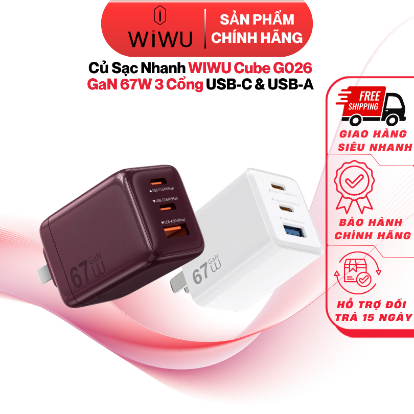 Củ Sạc Nhanh WIWU Cube G026 GaN 67W 3 Cổng USB-C & USB-A Chân Sạc Gập Gọn Chính Hãng