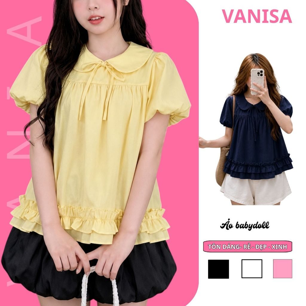 Áo Cổ Sen Tay Bồng Bèo Dưới Xếp Ly Tiểu Thư Babydoll Kiểu Nữ Ngắn Tay Nơ Ngực Gấu VANISA SM199