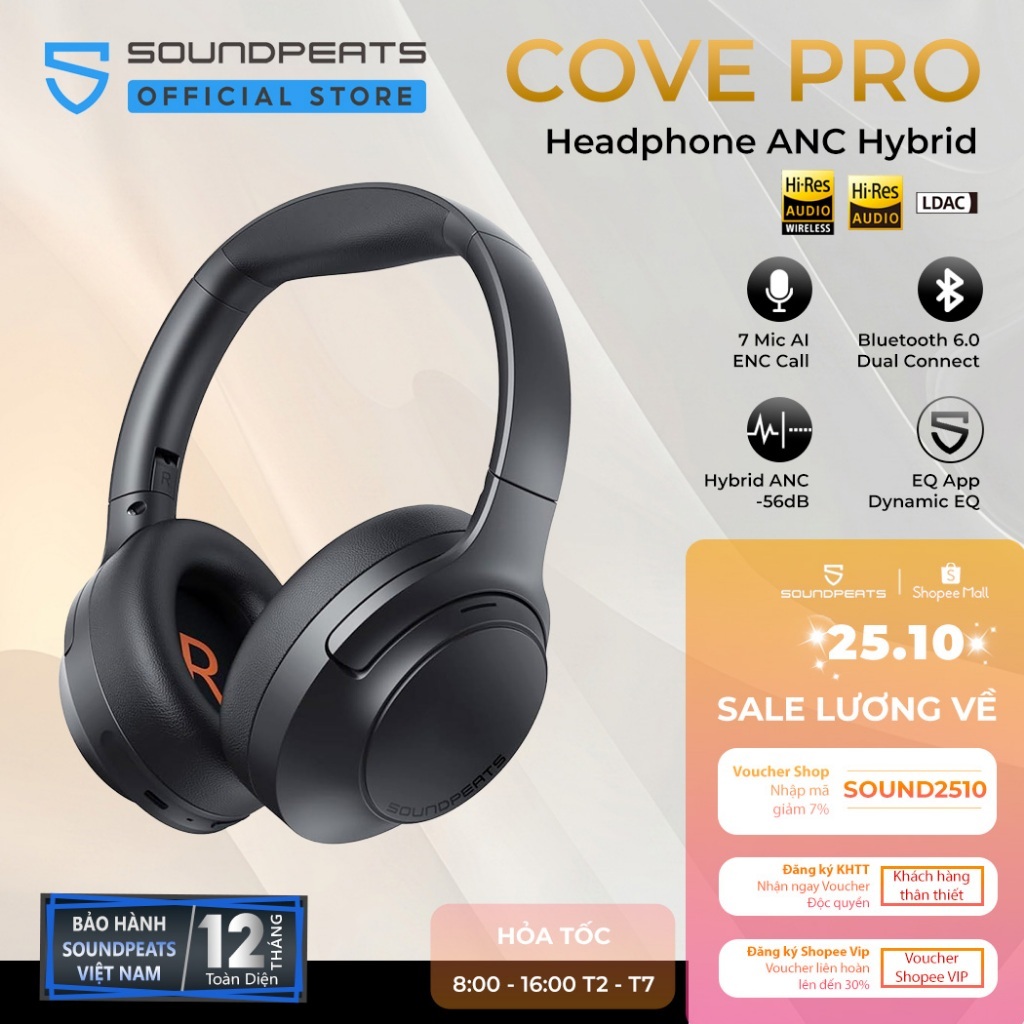 Tai Nghe Chụp Tai Bluetooth SoundPEATS Cove Pro HiresAudio | 7 Mic AI ENC | ANC 56dB | Bluetooth 6.0