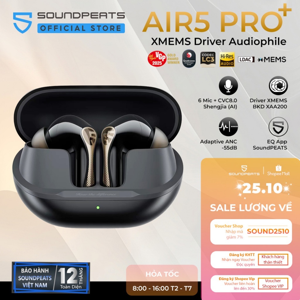 Tai nghe True Wireless SoundPEATS Air5 Pro+ Adaptive ANC 55dB | Loa Kép xMEMS | Bộ Đôi Hires LDAC APTX | Bluetooth 5.4