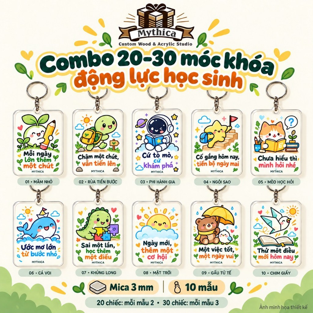 Combo 20–30 móc khóa động lực học sinh mica 3mm – Bộ 10 mẫu chữ nhật bo góc — ảnh listing minh họa