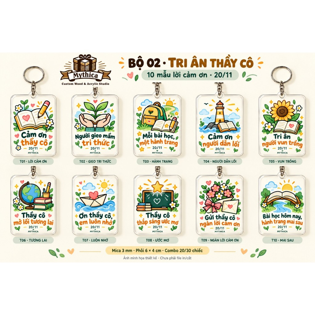 Combo 20–30 móc khóa tri ân thầy cô 20/11 – Mica 3mm 6×4cm — ảnh listing minh họa