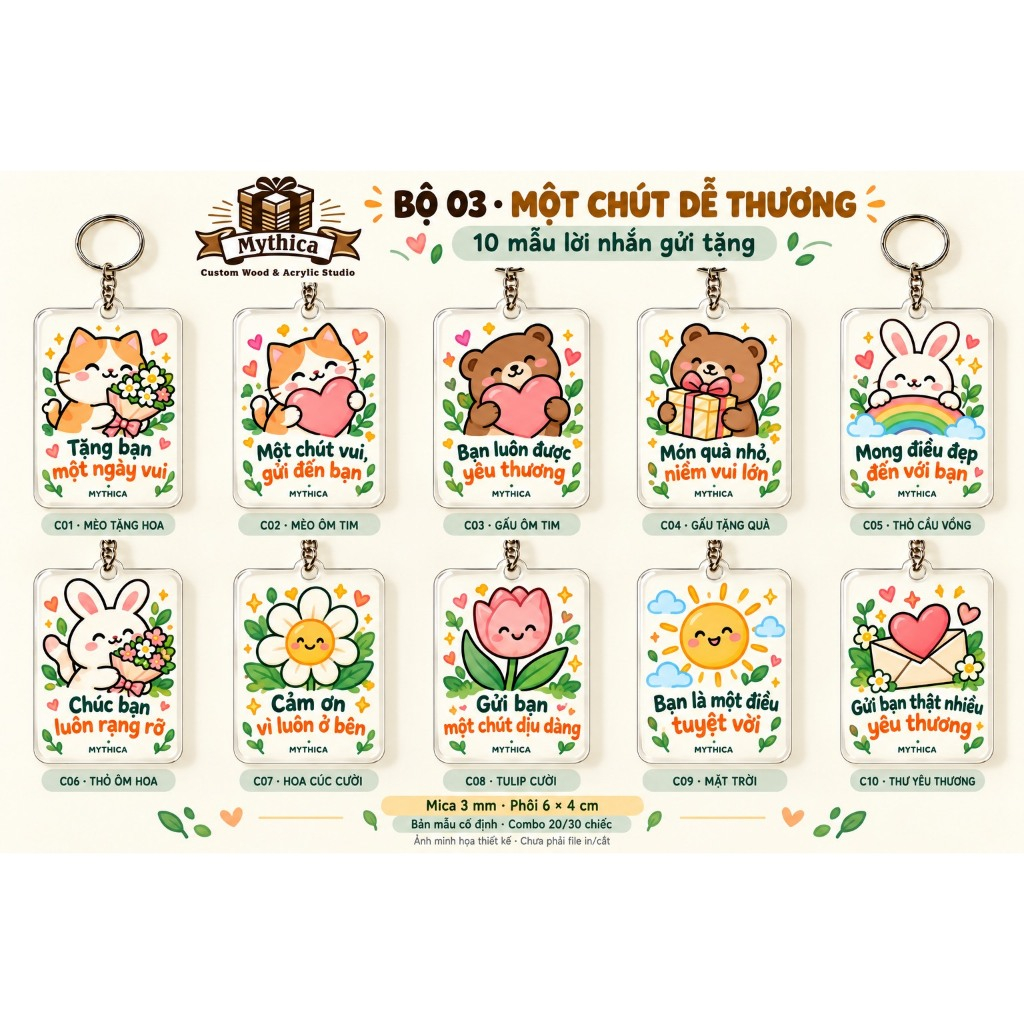 Móc khóa cute lời chúc mica 3mm 6×4cm – Combo 5/10/20/30 chiếc quà tặng — ảnh listing minh họa