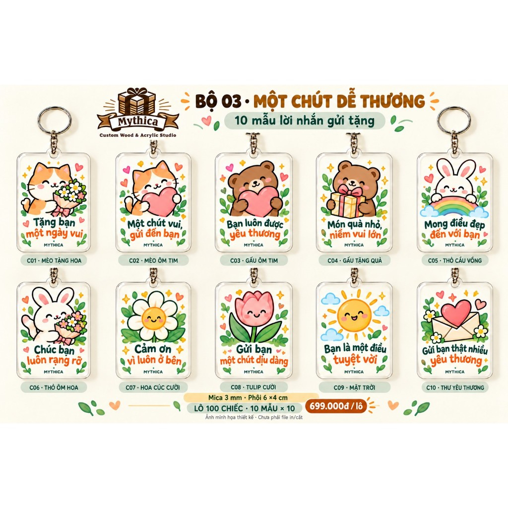 Lô 100 móc khóa cute lời chúc mica 3mm 6x4cm 10 mẫu quà tặng tập thể — ảnh listing minh họa