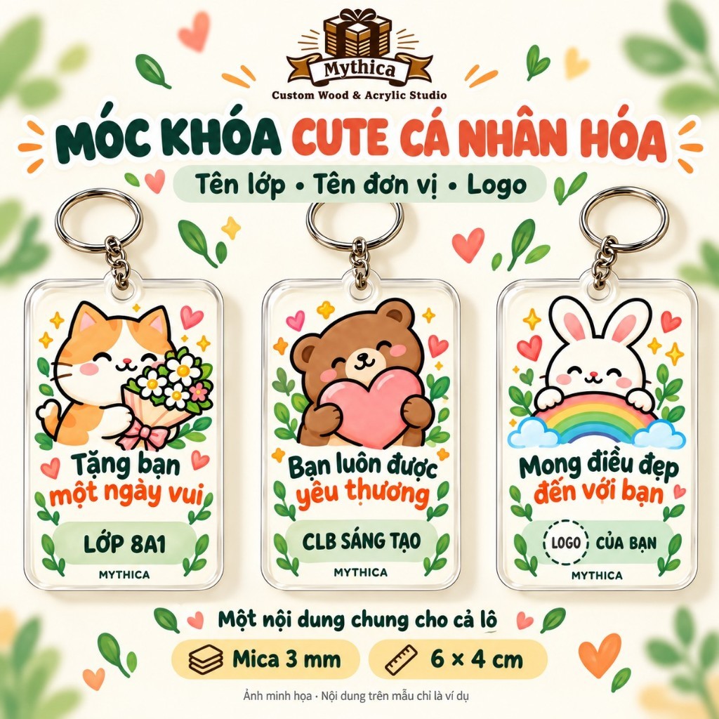 Móc khóa cute cá nhân hóa tên lớp tên đơn vị logo mica 3mm 6x4cm combo 20 30 100 chiếc — ảnh listing minh họa