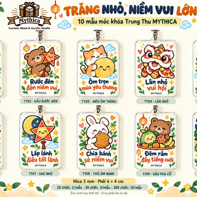 Lô 100 móc khóa Trung Thu mica 3mm 6x4cm — ảnh listing minh họa