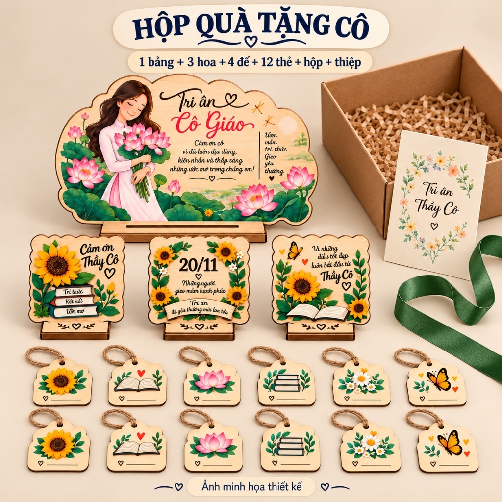 Hộp Quà Thầy Cô 20/11 Bảng Tri Ân Kèm 3 Hoa Gỗ 4 Đế và 12 Thẻ Lời Chúc — ảnh listing minh họa