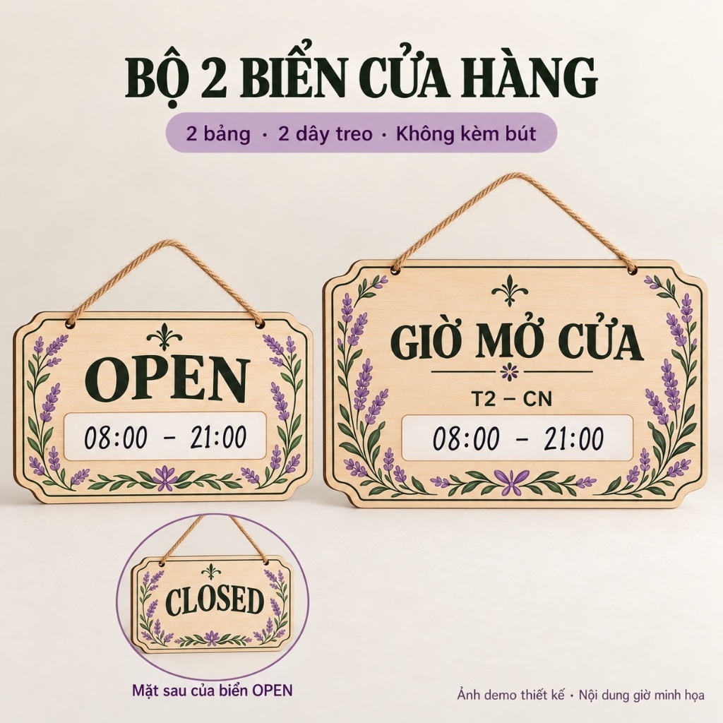 Bộ 2 Biển Gỗ Cửa Hàng Open Closed Hai Mặt và Giờ Mở Cửa 30 x 20 cm — ảnh listing minh họa