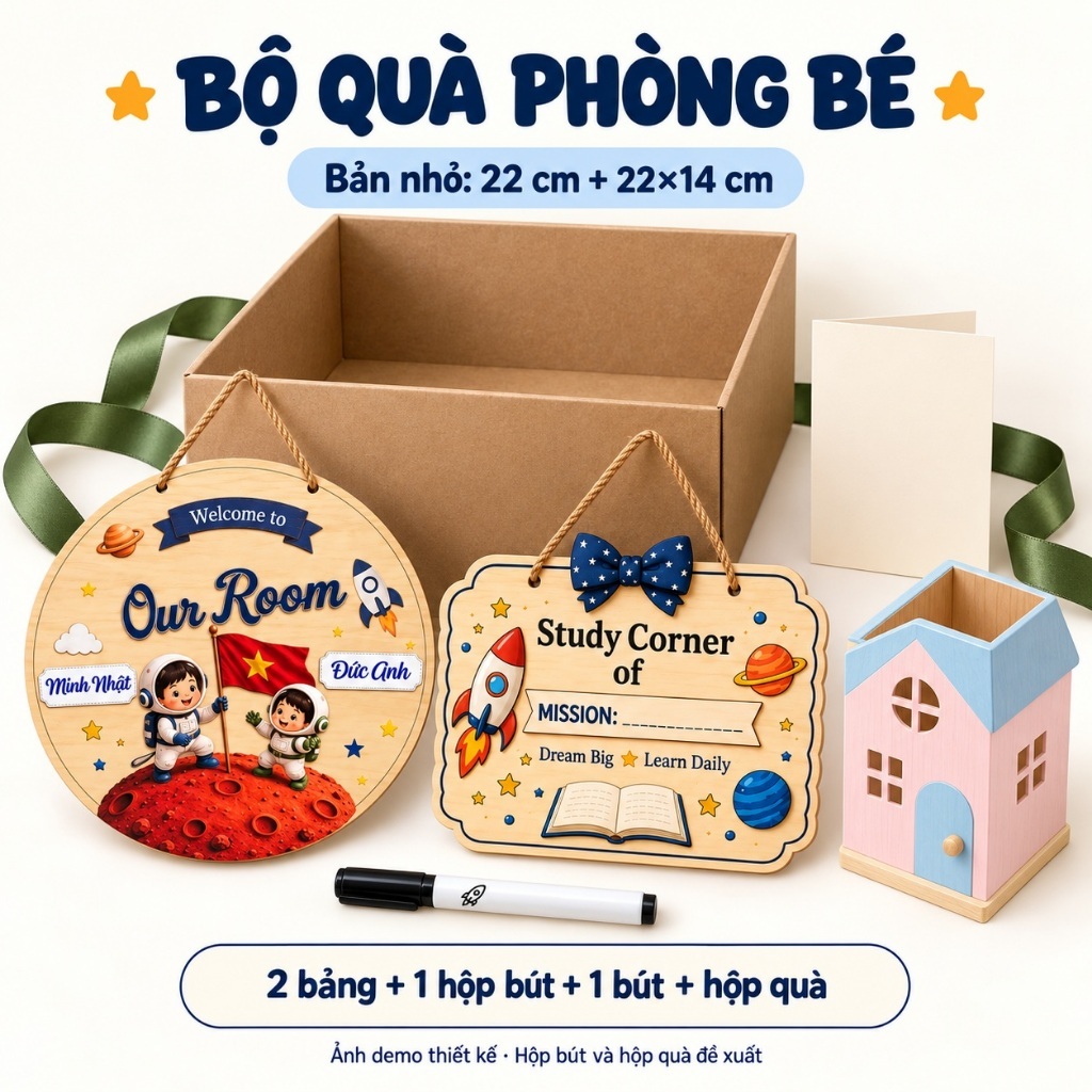 Bộ Quà Phòng Bé 2 Bảng Tên Hai Bé và Study Corner Kèm Bút — ảnh listing minh họa