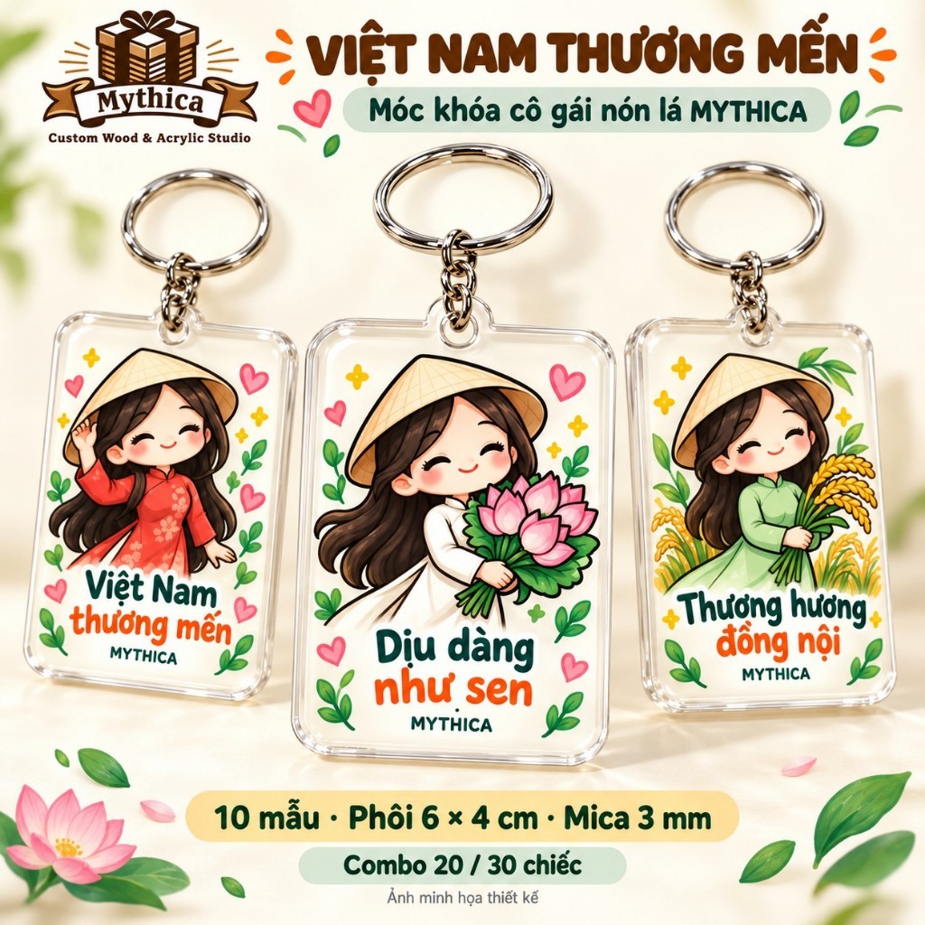 Móc khóa cô gái nón lá áo dài Việt Nam in một mặt mica 3mm 6x4cm — ảnh listing minh họa