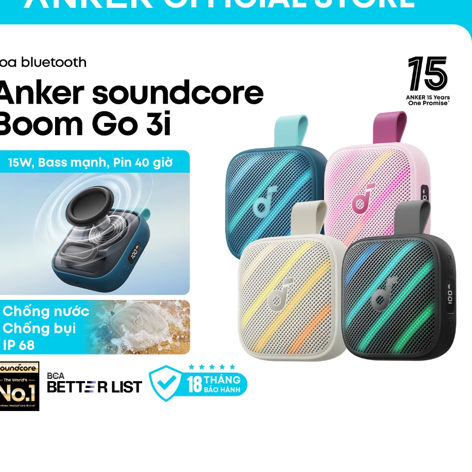 Anker soundcore Loa bluetooth Boom Go 3i – 15W bass mạnh, pin 40H, chống nước và bụi IP68