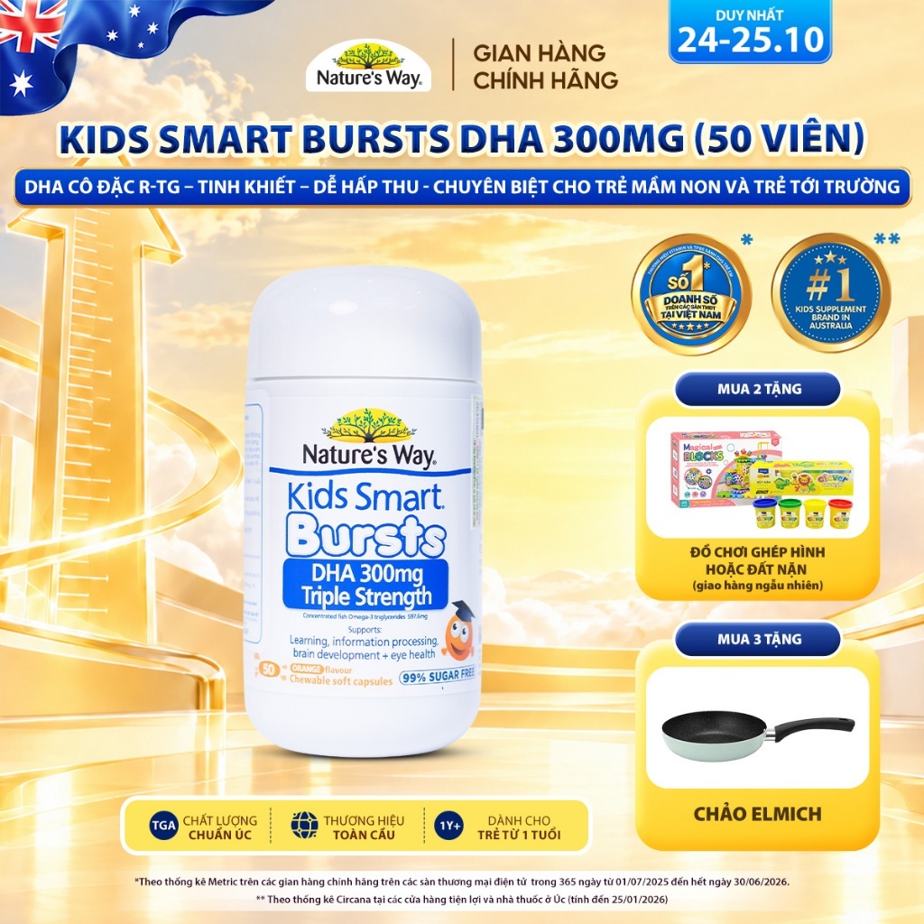 DHA 300mg Nature's Way Kids Smart Triple Strength Bổ Sung DHA Hàm Lượng Cao, Omega 3 RTG Cô Đặc Cho 