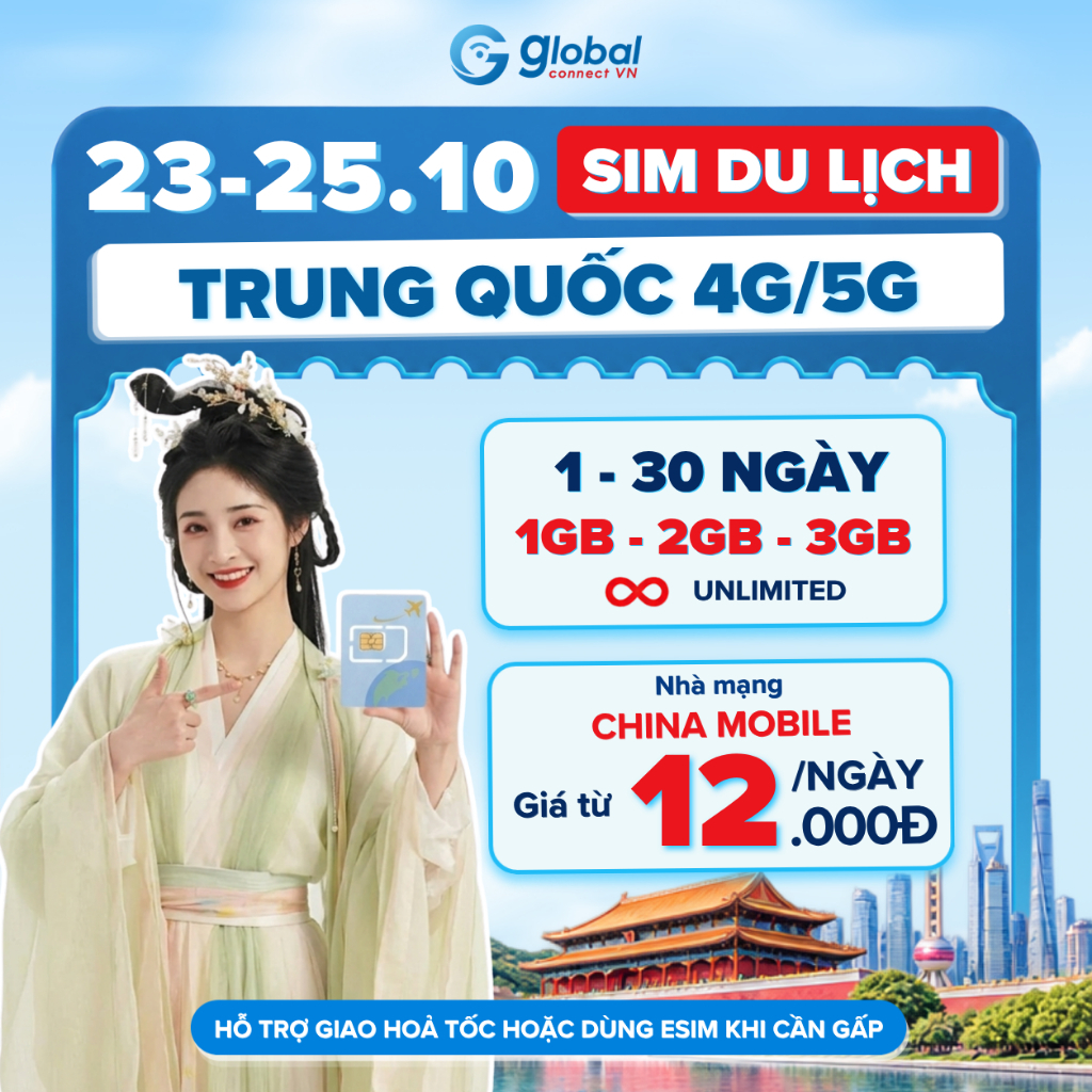 Sim Du Lịch TRUNG QUỐC [1 - 30 Ngày] 4G/ 5G Tốc Độ Cao Và Ổn Định - Tặng Kèm Cây Chọc Sim
