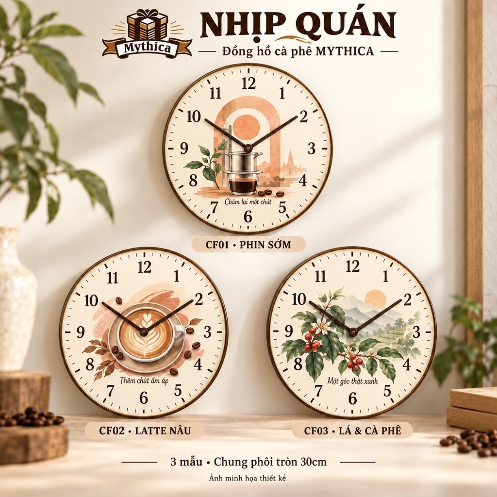 Đồng hồ cà phê Nhịp Quán 30cm mica MDF kèm kim pin - 3 mẫu — ảnh listing minh họa