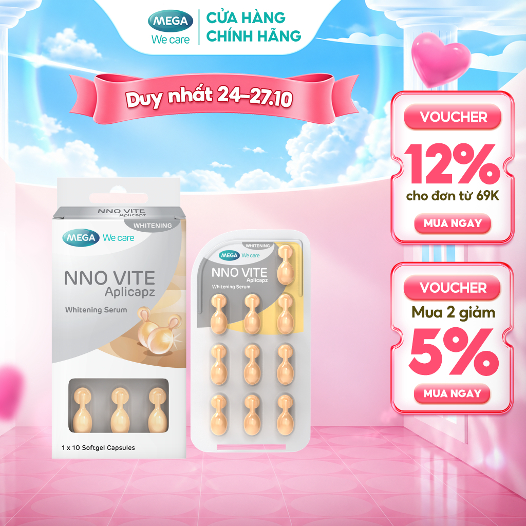 Serum dưỡng trắng da, mờ đốm nâu, đều màu da - Vitamin C, Vitamin E, Bisabolol - NNO VITE Mega We Care (10 viên)