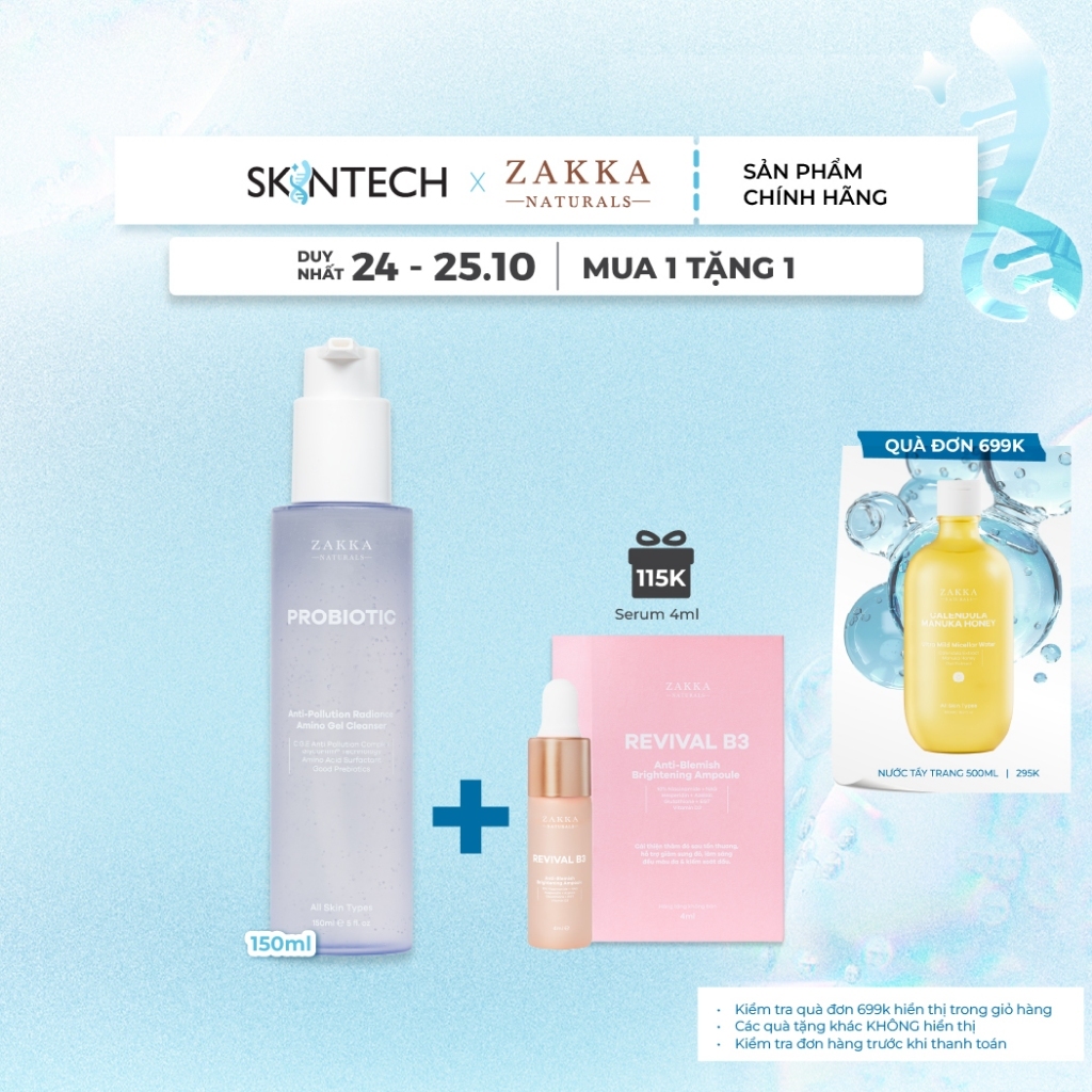 Gel Rửa Mặt Sạch Bụi Mịn Probiotic Anti-Pollution Radiance Amino Gel Zakka Naturals 150ml