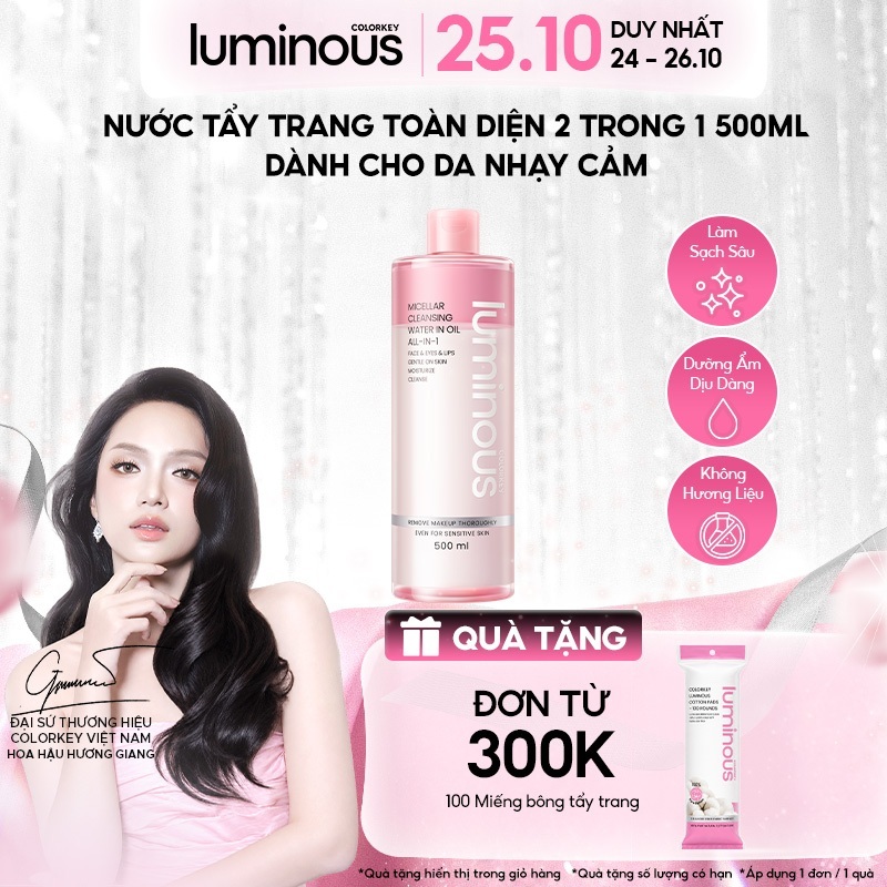 Nước Tẩy Trang Colorkey Luminous 500ml/ chai | Tỷ lệ nước:dầu 85:15 | Dành cho mặt, mắt, môi Phù hợp da nhạy cảm
