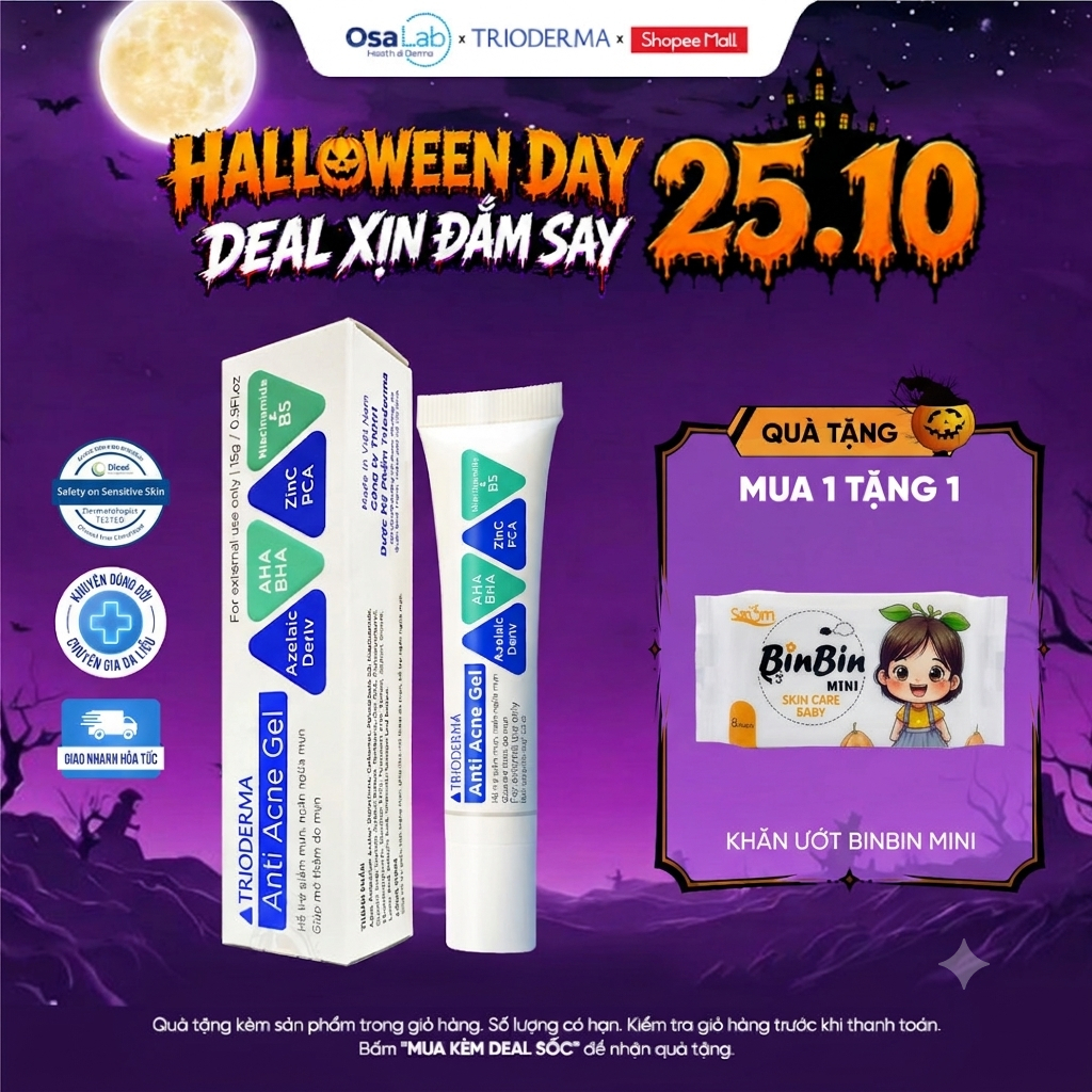 Combo Gel chấm Giảm Mụn + Miếng dán mụn Trioderma Anti Acne Gel 15g chính hãng