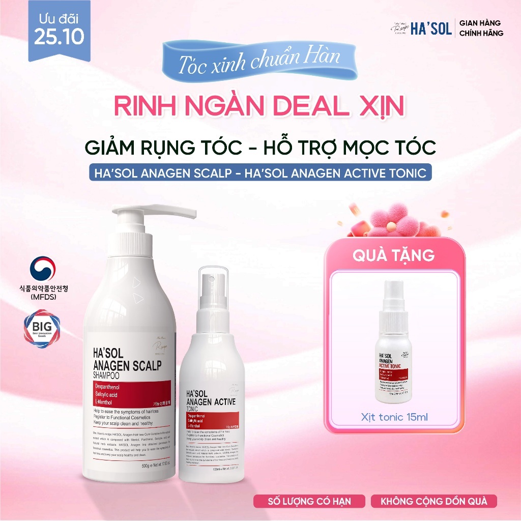 Combo Dầu Gội HASOL Hỗ Trợ Giảm Rụng và Mọc Tóc Ha'sol Anagen Scalp Shampoo 500g + Xịt Ha'sol Anagen