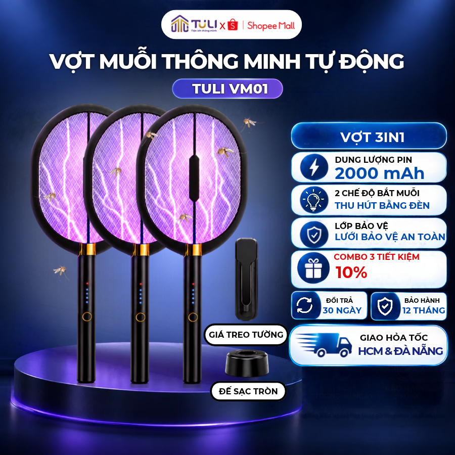 COMBO 3 vợt VM01, 2 chế độ vợt, Kèm đèn bắt muỗi, Dung lượng pin lớn, Có 2 đế sạc, Bảo hành 12 tháng