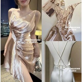  Đầm lụa satin ánh kim ôm body nhún eo xẻ tà dây chéo hở lưng sang trọng quyến rũ 