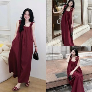 Váy hai dây bản to thắt hoa maxi LINEN dáng suông sang chảnh