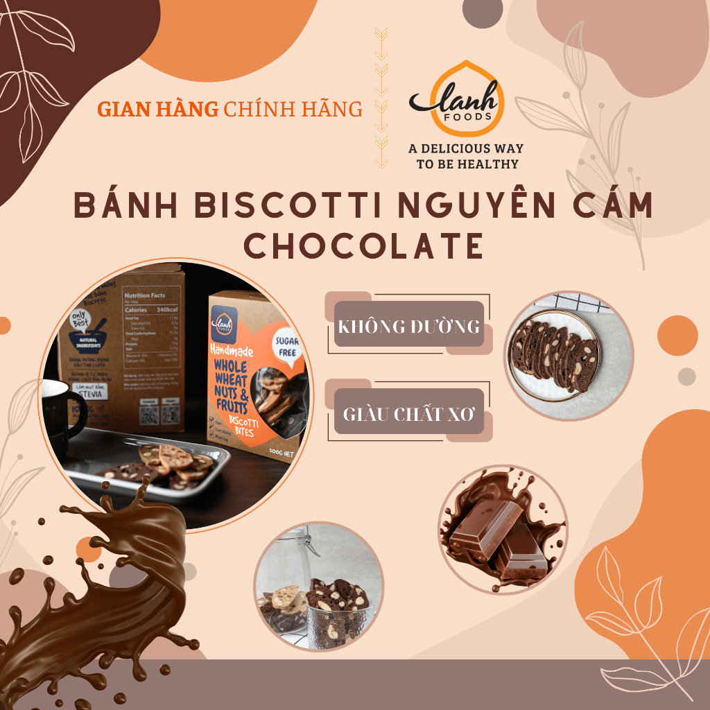 Bánh Biscotti Nguyên Cám Vị Chocolate Không Đường, Bánh Ngũ Cốc Ăn Kiêng Dinh Dưỡng - LANHFOODS