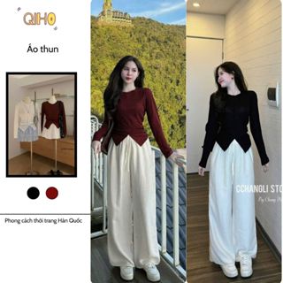 [DEAL MỞ BÁN] Áo thun nữ tay dài áo thun nữ cotton vạt chéo chiết eo hách dáng thon gọn chất co dãn thoải mái qiho store