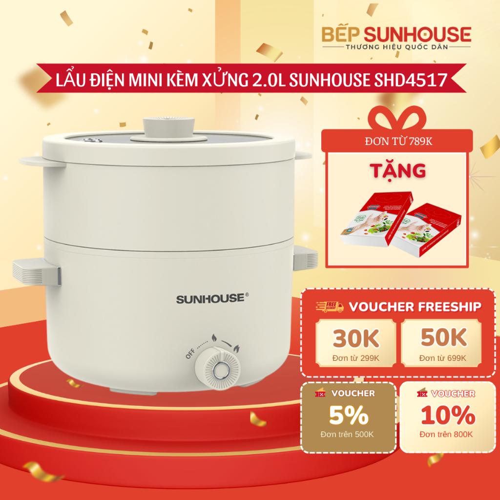 LẨU ĐIỆN MINI ĐA NĂNG 2.0L SUNHOUSE SHD4517 - Công suất 700W, tích hợp xửng hấp đa năng