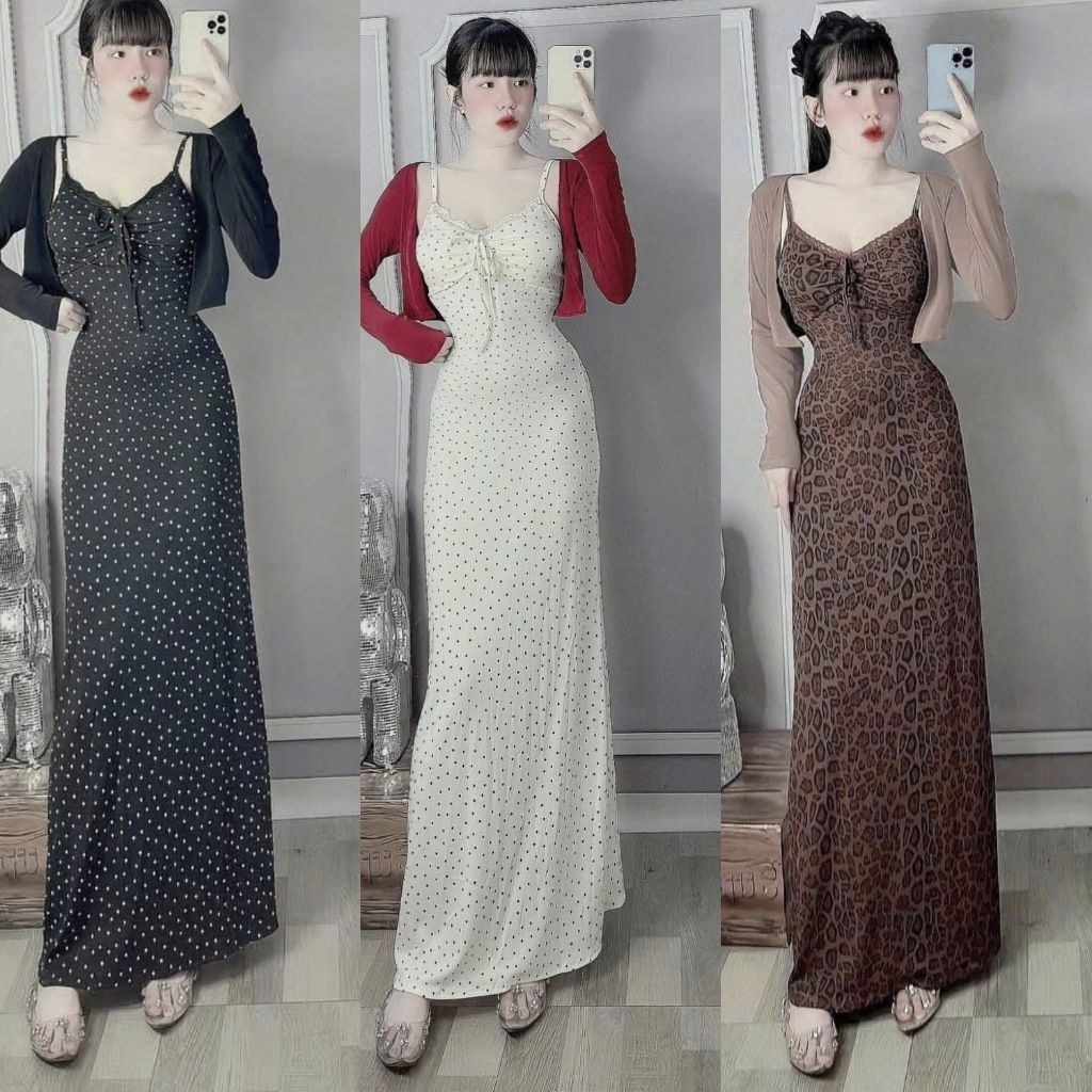 Set Áo Khoác Croptop Tay Dài Và Đầm Hai Dây Cổ Vuông Viền Ren Nhún Rút Dây - Xòe Dài Maxi Ôm Body Se
