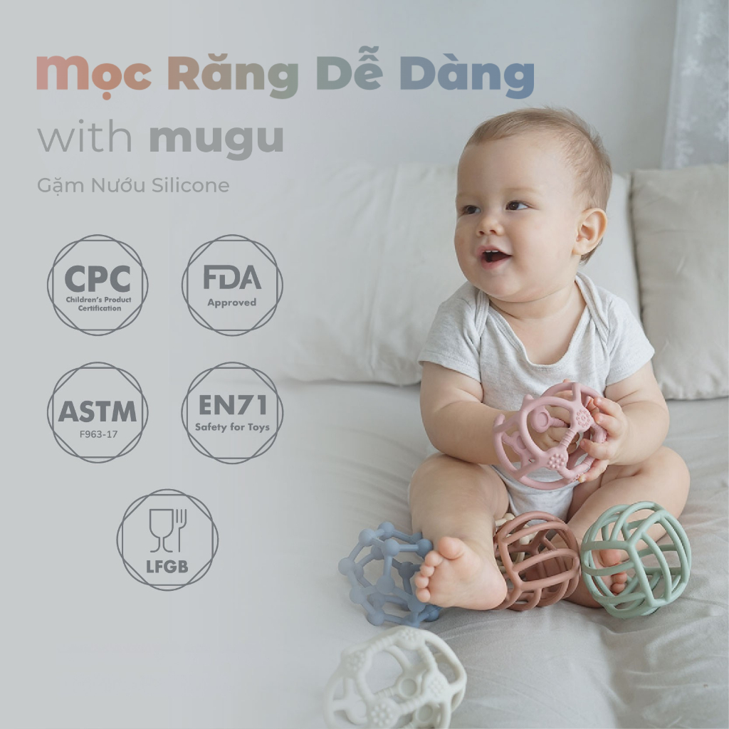 Gặm Nướu Silicone mugu, Chất Liệu  An Toàn, Thiết kế Công Thái Học Dễ Cầm Nắm, Đa Dạng Màu Sắc