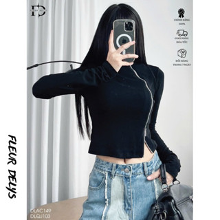 Áo Thun Dài Tay Nữ Fleurdelys Màu Đen Phối Khoá 2 Đầu  DLAC149