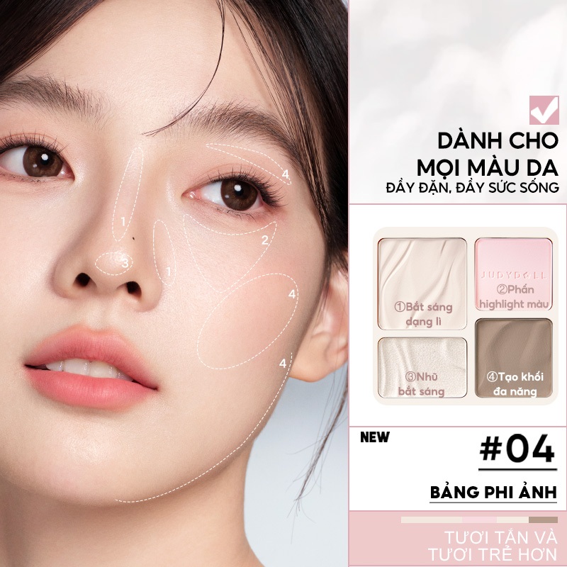 JUDYDOLL Phấn bắt sáng tạo khối 4 ô Highlight Contour Palette Tự nhiên Lâu trôi Chống nước 9g | BigBuy360 - bigbuy360.vn