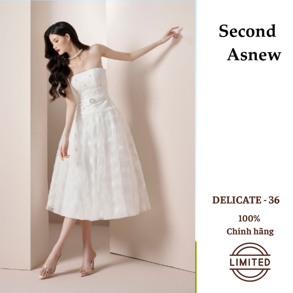 [Thanh Lý] DELICATE-36 Đầm Midi Cúp Ngực Dáng Xòe Voan Mỏng Đính Ngọc Màu Trắng DELICATE– Thanh Lịch