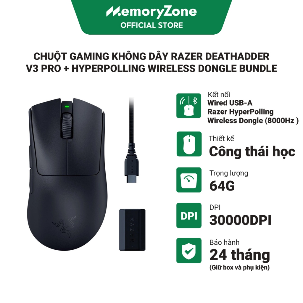 Chuột Gaming không dây Razer DeathAdder V3 Pro + HyperPolling Wireless Dongle Bundle