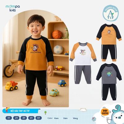 Đồ bộ bé trai Mompa dài tay 1-5 tuổi vải Cotton Actif co giãn thoáng khí nhanh khô 0070