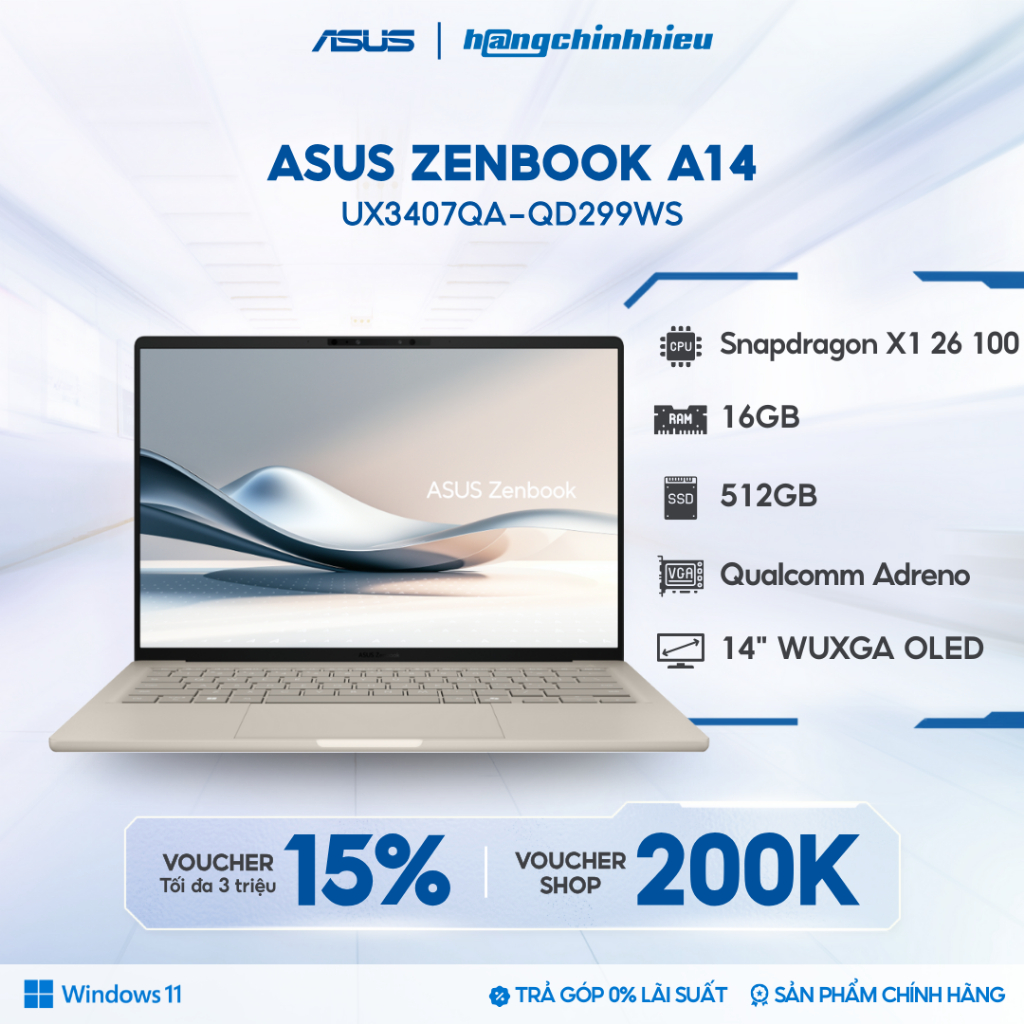 Laptop ASUS ZenBook A14 UX3407QA-QD299WS Snapdragon X1 26 100 | 16GB | 512GB | 14' | Win 11 | Office