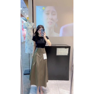   47-90 KG  CHÂN VÁY OLIVE NÂU DÀI CHẤT KAKI LỤA CAO CẤP FORM DÀI XẺ TÔN DÁNG SANG TRỌNG 