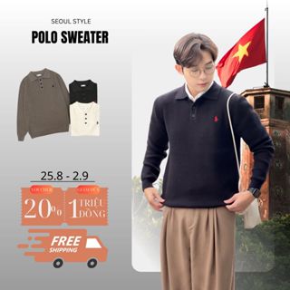  Áo Polo tay dài logo thêu con ngựa chất liệu len cao cấp mềm mại mái giữ ấm tốt - SEOUL - 696 